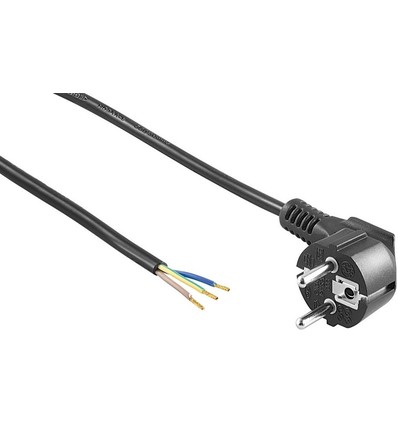 1,5 meter strömkabel - 250V, IP20 inomhus, Svart, Schuko-kontakt och avisolerade ledningar, 16A