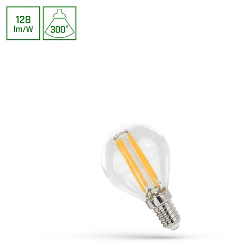 E14 5,5W LED klotlampa - G45, filament, klar, 700lm, 4000K, 300° ljusspridning