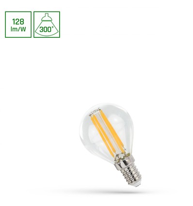 E14 5,5W LED klotlampa - G45, filament, klar, 700lm, 4000K, 300° ljusspridning