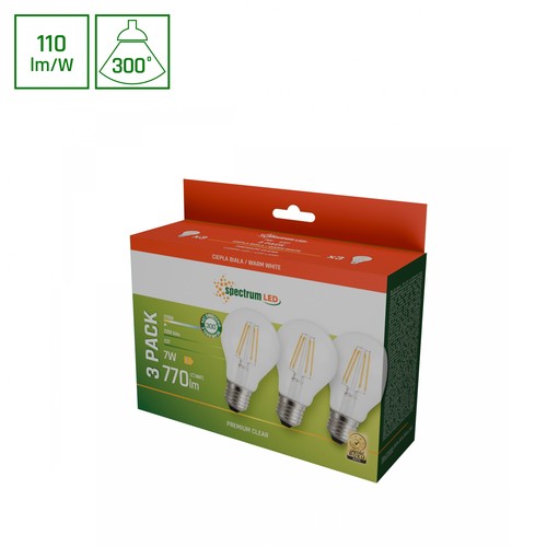 3 st. E27 7W LED lampa - GLS, filament, 770lm, varmvit, 3-pack