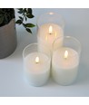 LED Blockljus set i glas Ø7,5cm, 3 st, flameffekt - Inkl. fjärrkontroll och timer, 10/12,5/15cm hög, äkta stearin
