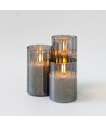 LED Blockljus set i rökfärgat glas Ø7,5cm, 3 st, flameffekt - Inkl. fjärrkontroll och timer, 10/12,5/15cm hög, äkta stearin