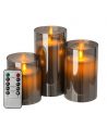 LED blockljus i rökfärgat glas Ø7,5cm, 3 st, vippande flamma