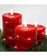 LED Blockljus 3 st set med ljusslinga, lågeffekt - Ø7,5cm, 10/12,5/15cm, inkl. fjärrkontroll, timer, äkta vax, Röd