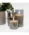 LED Blockljus set i gråtonat glas Ø7,5cm, 3 st - Inkl. fjärrkontroll och timer, 10/12,5/15cm, äkta vax