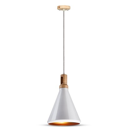 E27 pendel i vit med trätopp - Max 60W, järn, utan ljuskälla