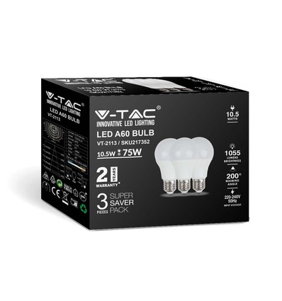 3 st. E27 10,5W LED lampa - A60, matt glas, 4000K, 1055lm, 3-pack