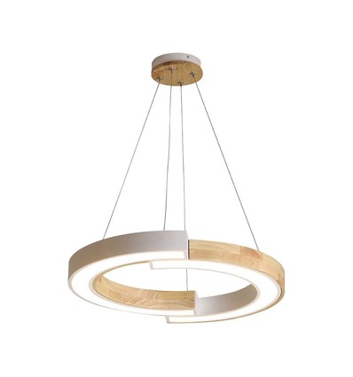 32W LED designer pendel - Ø43cm, vit med trädetaljer, 3000K, 4000lm