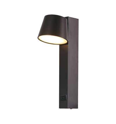 8W LED vägglampa med USB - 3000K, 900lm, IP20, svart, vridbar, inomhus, inkl. ljuskälla