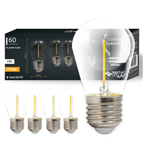 5-pack E27 1W LED-lampa - ST14, COB filament