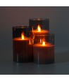 LED Blockljus set i rökfärgat glas Ø7,5cm, 3 st, flameffekt - Inkl. fjärrkontroll och timer, 10/12,5/15cm hög, äkta stearin
