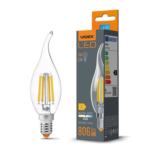 E14 6W LED filament kronljus med flamma - C35, 806lm, 4000K, flicker free, ersätter 60W