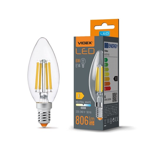 E14 6W LED filament kronljus - C35, 806lm, 4000K, 360 grader, ersätter 60W