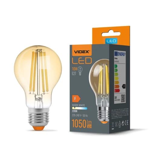E27 10W LED filament lampa - A60, 1050lm, 2200K, Amber glas, 360° ljusspridning