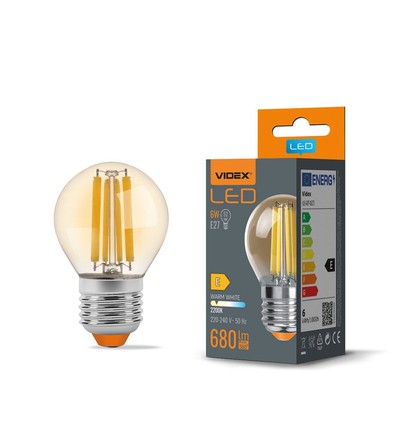 E27 6W LED filament klotlampa - G45, 2200K, Amber glas, 360 grader, 750lm