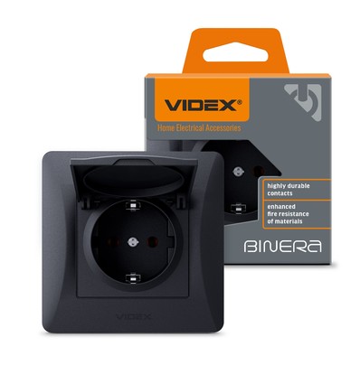 Schuko-kontakt - enkel, med lock, svart