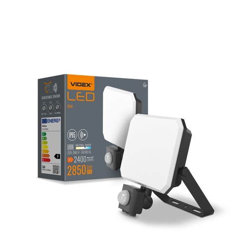 30W LED strålkastare med sensor - 5000K, IP65, svart, PIR rörelsesensor, utomhus
