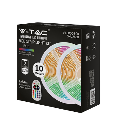 10m 4,8W/m RGB strip-set - 12V DC, IP20, inkl. fjärrkontroll och strömförsörjning (2x5m)