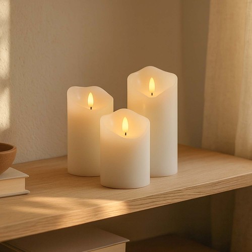 Set med 3 st. LED blockljus 10cm, flammeffekt, vit - Ø7,5cm