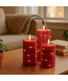 LED Blockljus 3 st set med ljusslinga, lågeffekt - Ø7,5cm, 10/12,5/15cm, inkl. fjärrkontroll, timer, äkta vax, Röd