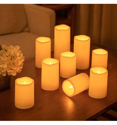 9-pack LED Utomhus blockljus m/fjärrkontroll, Ø5,5cm - H: 13/15/17,5cm, Batteri, timer, vattentät