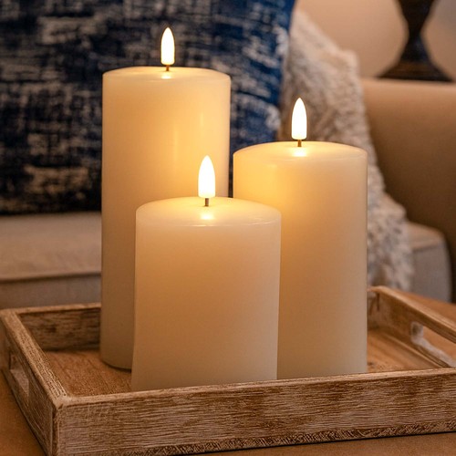LED Blockljus, 3 st, flammeffekt, vit - Inkl fjärrkontroll och timer, 10/12,5/15cm hög, Ø7,5cm, äkta stearin