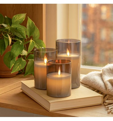 LED Blockljus set i rökfärgat glas Ø7,5cm, 3 st - Inkl. fjärrkontroll och timer, 10/12,5/15cm, äkta vax