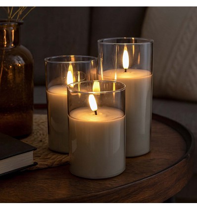 LED Blockljus set i gråtonat glas Ø7,5cm, 3 st - Inkl. fjärrkontroll och timer, 10/12,5/15cm, äkta vax