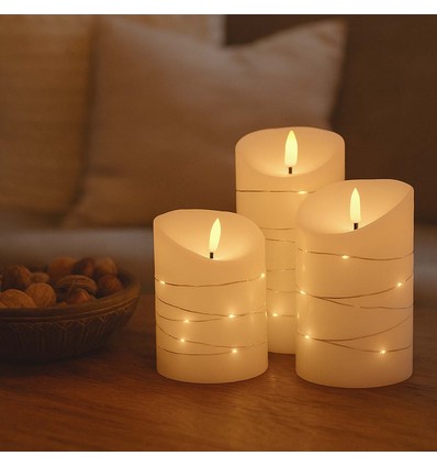 LED-blockljus 3-pack med ljusslinga, flameffekt - Ø7,5cm, 10/12,5/15cm, fjärrkontroll, timer, äkta vax