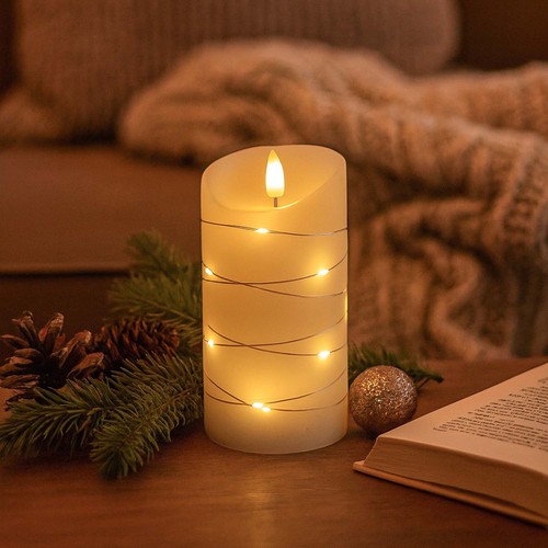 LED Blockljus med ljusslinga, 15cm, lågeffekt - Ø7,5cm, fjärrkontroll, äkta vax