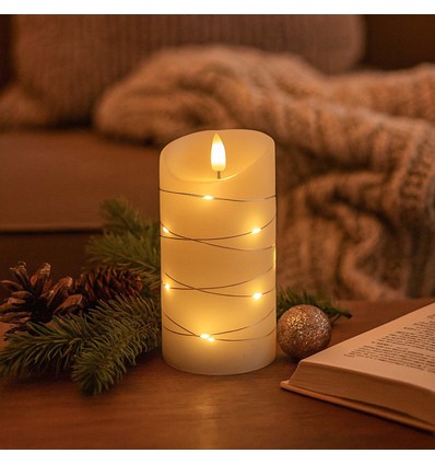 LED Blockljus med ljusslinga, 15cm, lågeffekt - Ø7,5cm, fjärrkontroll, äkta vax