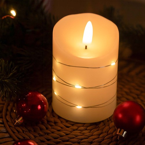 LED Blockljus med ljusslinga, 10cm, lågeffekt - Ø7,5cm, fjärrkontroll, äkta vax