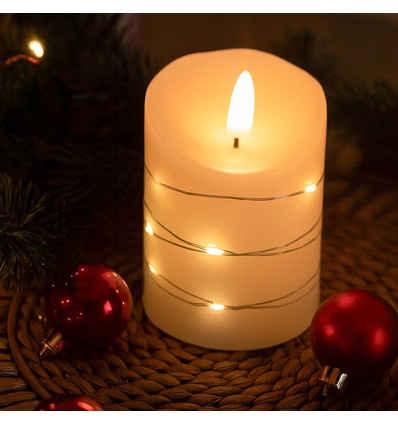 LED Blockljus med ljusslinga, 10cm, lågeffekt - Ø7,5cm, fjärrkontroll, äkta vax