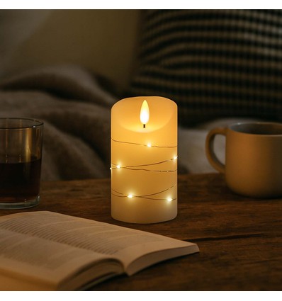 LED Blockljus med ljusslinga, 12,5cm, lågeffekt - Ø7,5cm, fjärrkontroll, äkta vax