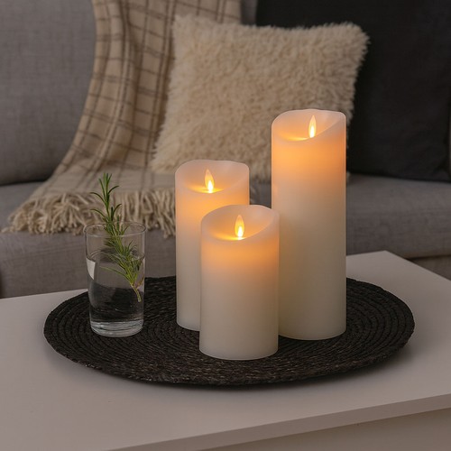 LED blockljus XL, 3 st, Ø10cm, 17,5/22,5/30cm, rörlig flamma, vit