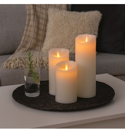 LED blockljus XL, 3 st, Ø10cm, 17,5/22,5/30cm, rörlig flamma, vit