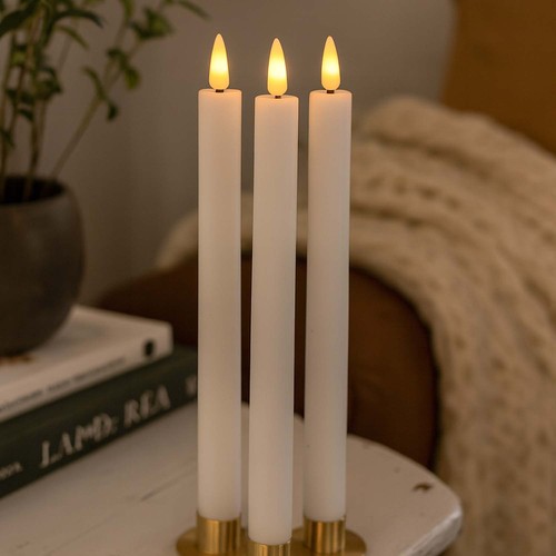 3-pack vita LED-stearinljus, flammeffekt - Ø2,2cm, Höjd: 24,5cm, stavljus, inkl. fjärrkontroll, timer, batteri