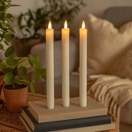3-pack vita LED-stearinljus, flameffekt - Ø2,2cm, Höjd: 24,5cm, kronljus, fungerar inkl. fjärrkontroll, timer