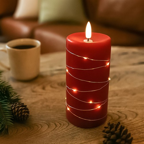 LED Blockljus med ljusslinga, 15cm hög, flameffekt - Ø7,5cm, fungerar m. fjärrkontroll, äkta stearin, röd