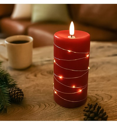 LED Blockljus med ljusslinga, 15cm hög, flameffekt - Ø7,5cm, fungerar m. fjärrkontroll, äkta stearin, röd