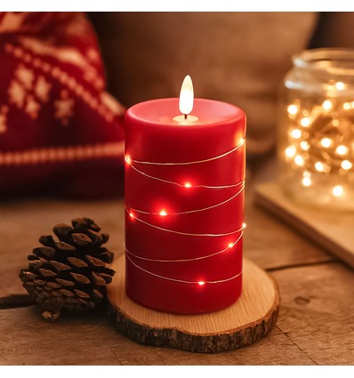 LED blockljus med ljuskedja, 12,5cm, flammeffekt - Ø7,5cm, röd