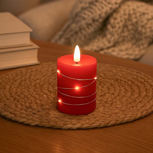 LED blockljus med ljuskedja, 10cm, flammeffekt - Ø7,5cm, röd