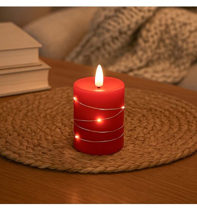 LED blockljus med ljuskedja, 10cm, flammeffekt - Ø7,5cm, röd