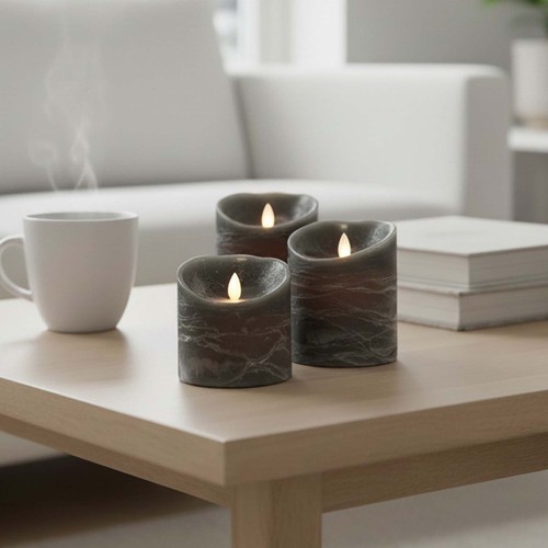 LED blockljus Ø10cm, 3 st, rörlig flamma, svart melerad