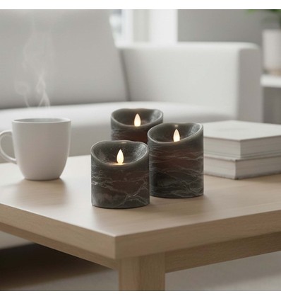 LED Blockljus Ø10cm, 3 st, rörlig låga, svartmelerad - Inkl. fjärrkontroll och timer, 10/12,5/15cm, äkta vax