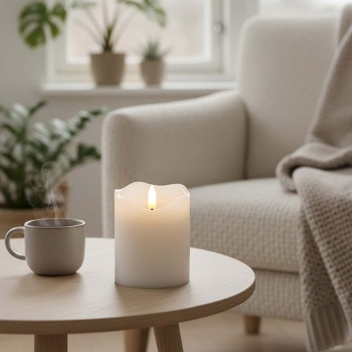 LED Blockljus 10 cm hög, flameffekt, vit - Ø7,5 cm, 10 cm hög, fungerar med fjärrkontroll, äkta stearin