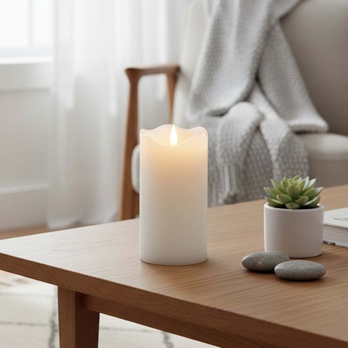 LED Blockljus 15 cm hög, flameffekt, vit - Ø7,5 cm, 15 cm hög, fungerar med fjärrkontroll, timer, äkta stearin