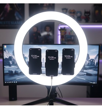 LED Ring light med stativ - 55W, Ø44cm, 3 telefonhållare, fjärrkontroll, 3200K-5800K
