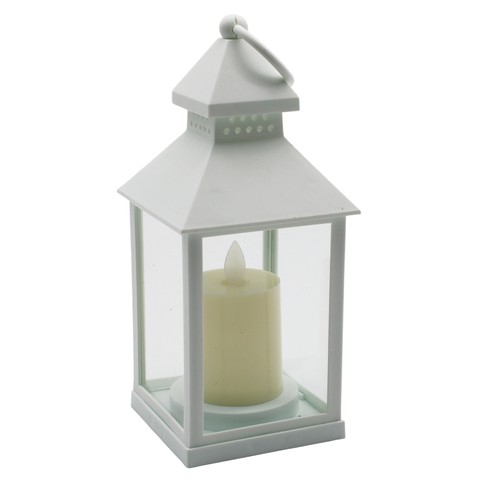 LED-lykta med flameffekt - Vit, fyrkantig, batteri, IP54 inomhus/utomhus