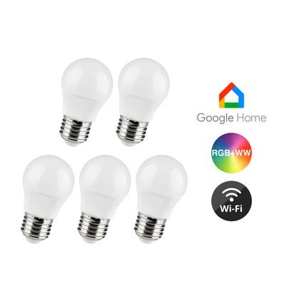 5-pack E27 5W Wifi LED-lampa - G45, Tuya/Smart Life, fungerar med Google Home
